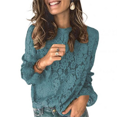 Femei sexy de culoare solidă cu mâneci evazate cu decolteu O bluză din dantelă cămașă Top primăvară vară pulover și mânecă lungă casual