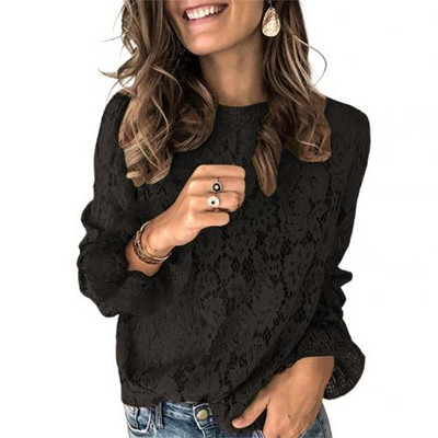 Femei sexy de culoare solidă cu mâneci evazate cu decolteu O bluză din dantelă cămașă Top primăvară vară pulover și mânecă lungă casual