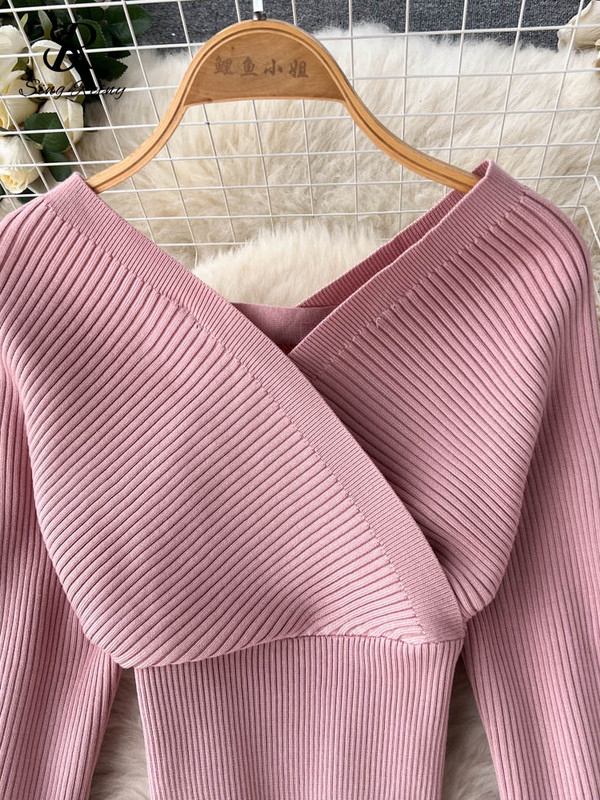 SINGREINY žiemos laisvalaikio megzti dviejų dalių kostiumai V kaklo megztinis ilgomis rankovėmis + elastiniai laisvalaikio ilgų kelnių rinkiniai Moteriški megztinių komplektai