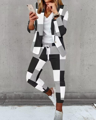Jesen Zima Modni dvodijelni set s printom Ženski uredski ženski uski odijelo s gumbima Kaput Pencil Hlače Dvodijelni set Ženski