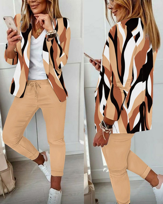 Jesen Zima Modni dvodijelni set s printom Ženski uredski ženski uski odijelo s gumbima Kaput Pencil Hlače Dvodijelni set Ženski
