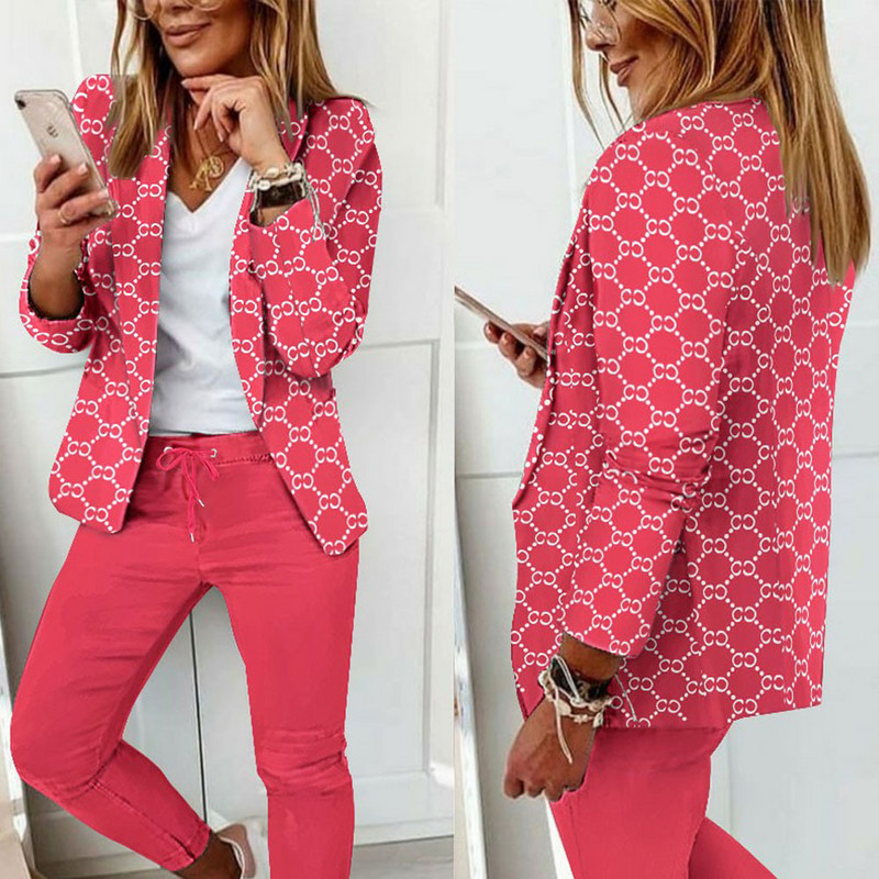 Jesen Zima Modni dvodijelni set s printom Ženski uredski ženski uski odijelo s gumbima Kaput Pencil Hlače Dvodijelni set Ženski