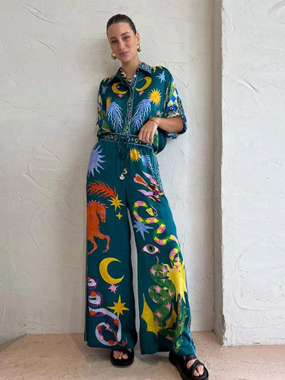Ženski dvodijelni set s digitalnim tiskom, elegantna majica s dugim rukavima na rever, široke hlače s ravnim nogavicama, odijelo s hlačama 2023. Moda za dame High Streetwear