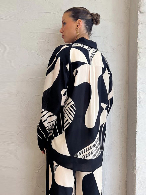 Ženski dvodijelni set s digitalnim tiskom, elegantna majica s dugim rukavima na rever, široke hlače s ravnim nogavicama, odijelo s hlačama 2023. Moda za dame High Streetwear