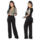 Ležerni kombinezon širokih nogavica Seksi ženski kombinezon s V-izrezom Elegantni ravni kombinezon s čipkom