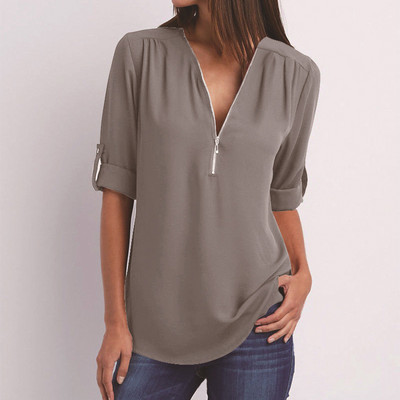 Bluze de damă cu mâneci lungi, cu decolteu în V, cu fermoar, de primăvară, vintage, de dimensiuni mari