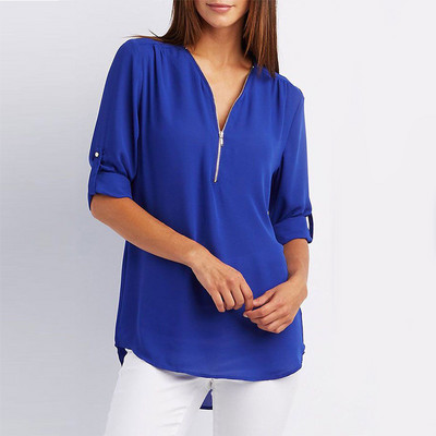 Bluze de damă cu mâneci lungi, cu decolteu în V, cu fermoar, de primăvară, vintage, de dimensiuni mari