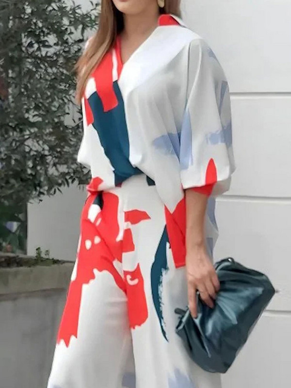 Elegantiškas 2 dalių rinkinys, skirtas moterims, V formos iškirptė trumpomis rankovėmis aukštu juosmeniu platėjančių kelnių kostiumas, 2023 m. vasaros moteriškas prašmatnus apranga