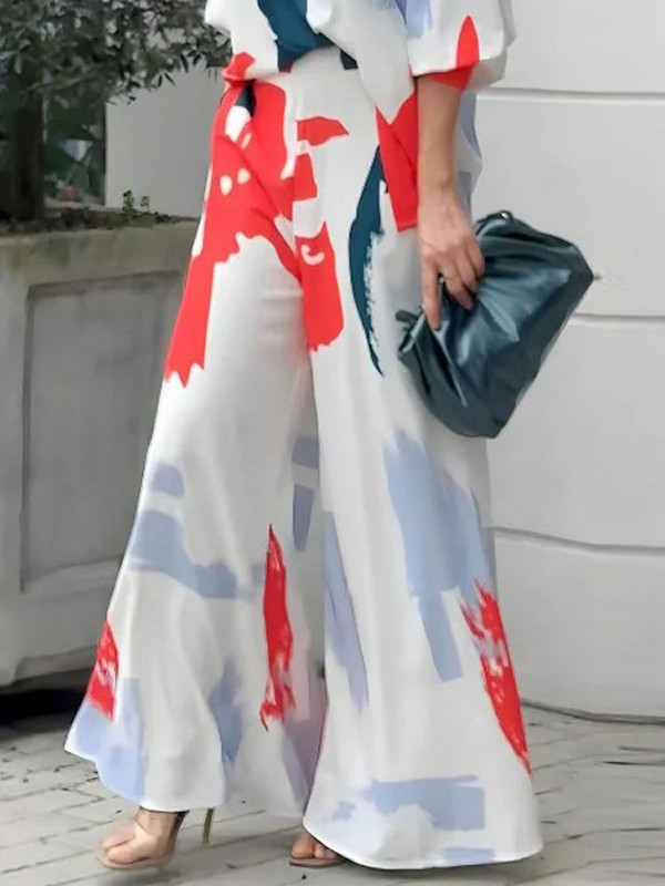 Elegantiškas 2 dalių rinkinys, skirtas moterims, V formos iškirptė trumpomis rankovėmis aukštu juosmeniu platėjančių kelnių kostiumas, 2023 m. vasaros moteriškas prašmatnus apranga