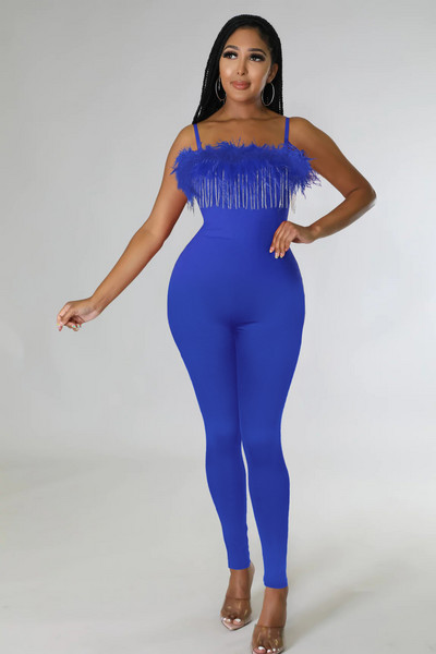 Korálkový strapcový klubový overal Sexy ženy špagetový popruh Skinny perie Pencil Party Romper overal