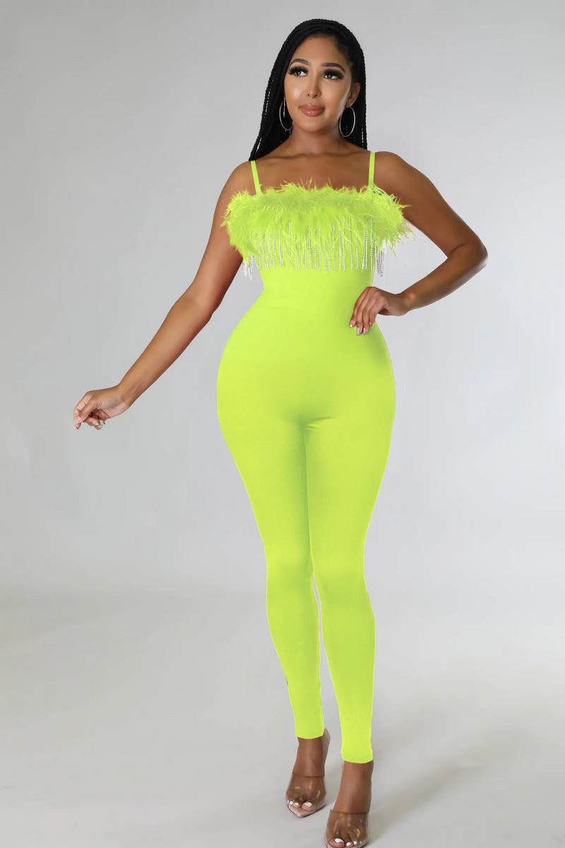 Korálkový strapcový klubový overal Sexy ženy špagetový popruh Skinny perie Pencil Party Romper overal