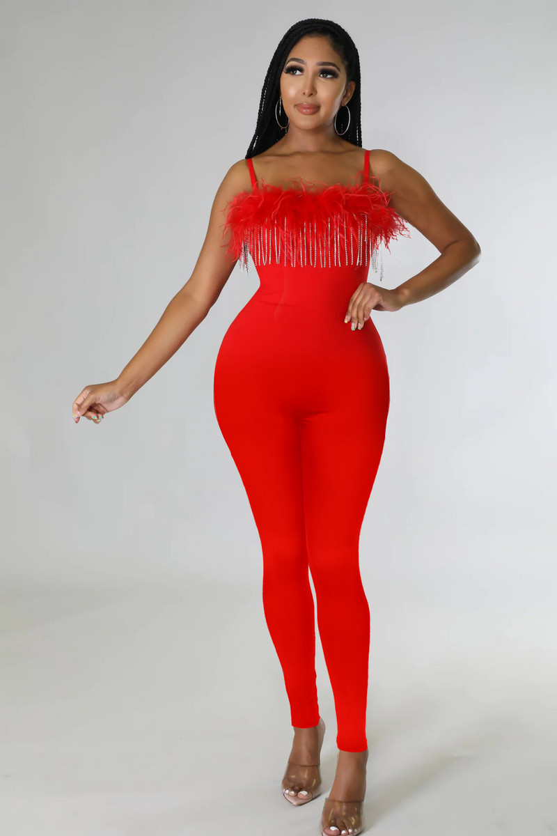 Korálkový strapcový klubový overal Sexy ženy špagetový popruh Skinny perie Pencil Party Romper overal