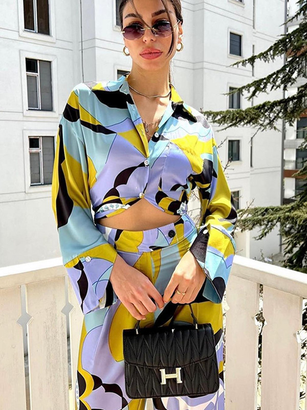 Ljeto 2023. Ženska odijela s dugim hlačama s vintage printom i dugim rukavima, široke široke hlače s glatkim gornjim dijelom, ženski kompleti od 2 komada