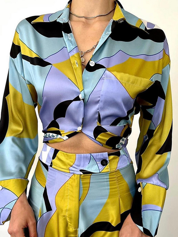 Ljeto 2023. Ženska odijela s dugim hlačama s vintage printom i dugim rukavima, široke široke hlače s glatkim gornjim dijelom, ženski kompleti od 2 komada