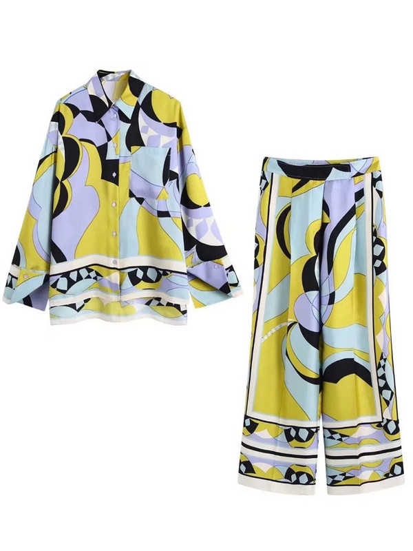 Ljeto 2023. Ženska odijela s dugim hlačama s vintage printom i dugim rukavima, široke široke hlače s glatkim gornjim dijelom, ženski kompleti od 2 komada