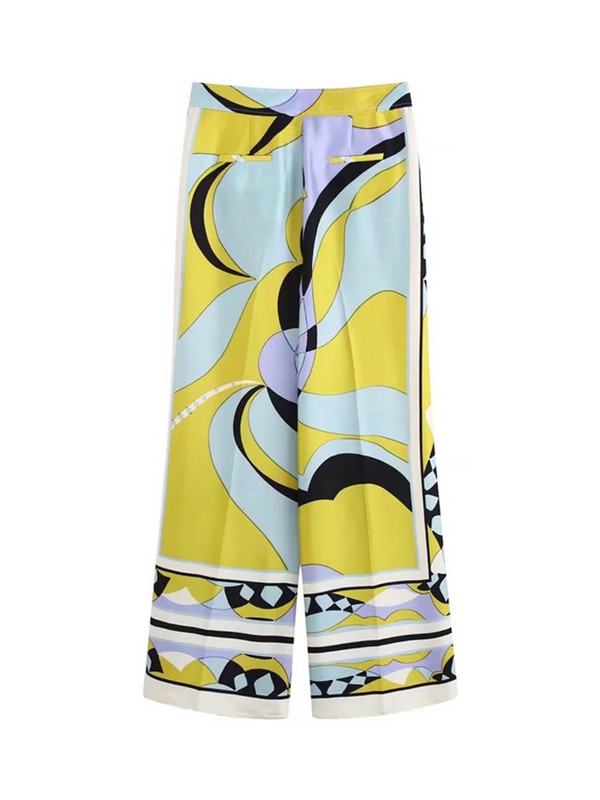 Ljeto 2023. Ženska odijela s dugim hlačama s vintage printom i dugim rukavima, široke široke hlače s glatkim gornjim dijelom, ženski kompleti od 2 komada