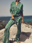 TRAF 2023 Dámska 2-dielna súprava, módny košeľový oblek s potlačou, dlhý top + potlačené domáce ležérne nohavice, ležérne outfity