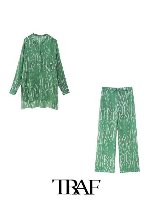 TRAF 2023 Dámska 2-dielna súprava, módny košeľový oblek s potlačou, dlhý top + potlačené domáce ležérne nohavice, ležérne outfity