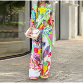 Dámske elegantné voľné tričko s dlhým rukávom a potlačou, dvojdielna súprava, klopa, jednoradový top, dámske módne nohavice so širokými nohavicami