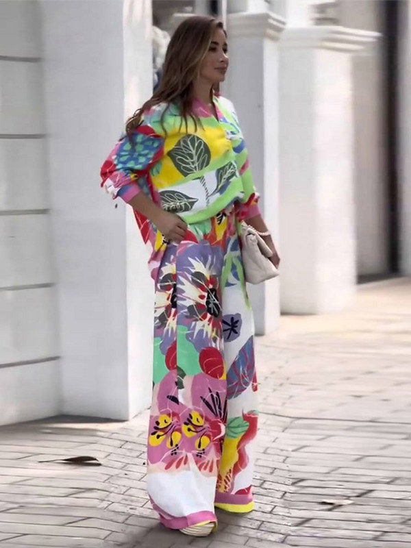 Dámske elegantné voľné tričko s dlhým rukávom a potlačou, dvojdielna súprava, klopa, jednoradový top, dámske módne nohavice so širokými nohavicami