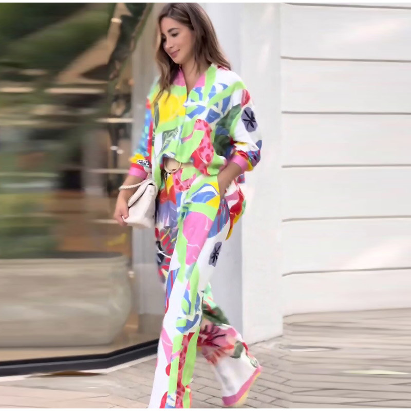 Dámske elegantné voľné tričko s dlhým rukávom a potlačou, dvojdielna súprava, klopa, jednoradový top, dámske módne nohavice so širokými nohavicami