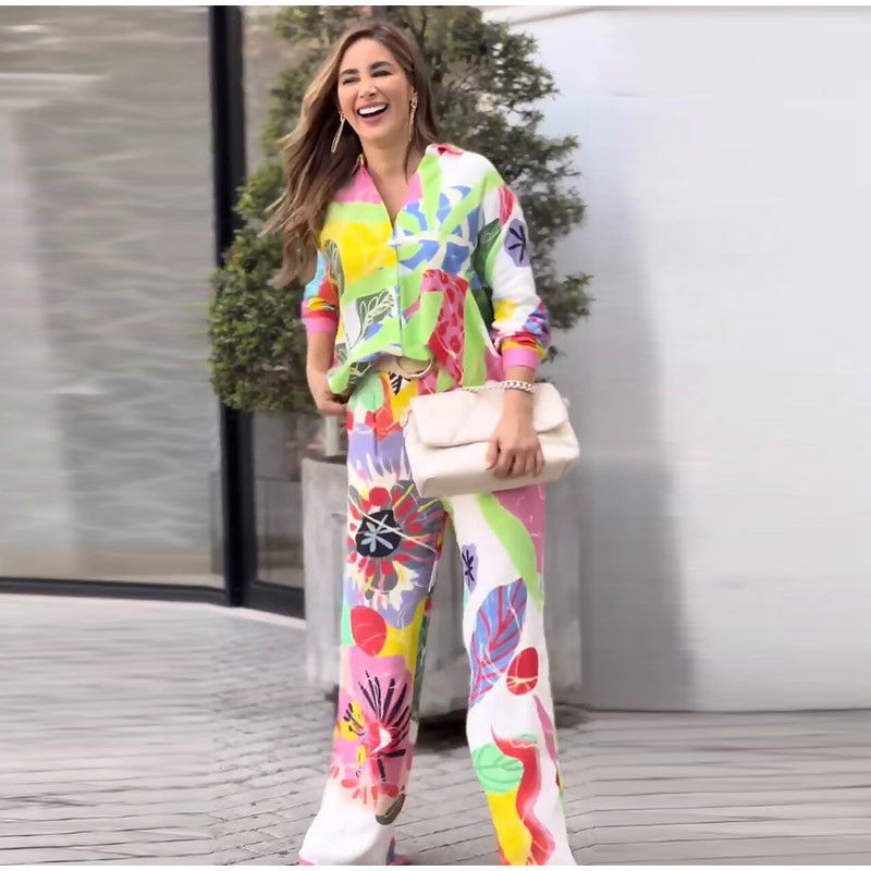 Dámske elegantné voľné tričko s dlhým rukávom a potlačou, dvojdielna súprava, klopa, jednoradový top, dámske módne nohavice so širokými nohavicami