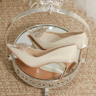 Pompe cu toc înalt cu cataramă pătrată de cristal de damă 2023 pantofi de mireasă eleganti din mătase cu toc subțire pantofi de rochie cu vârf ascuțit pentru femei