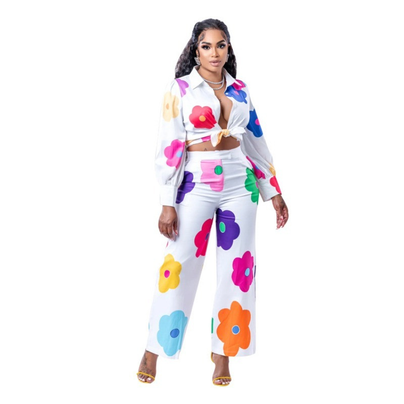 Set 2 piese pentru femei cu imprimeu Flora, bluză și cămăși cu nasturi, pantaloni largi Set asortat 2023, toamnă, birou, trening pentru damă