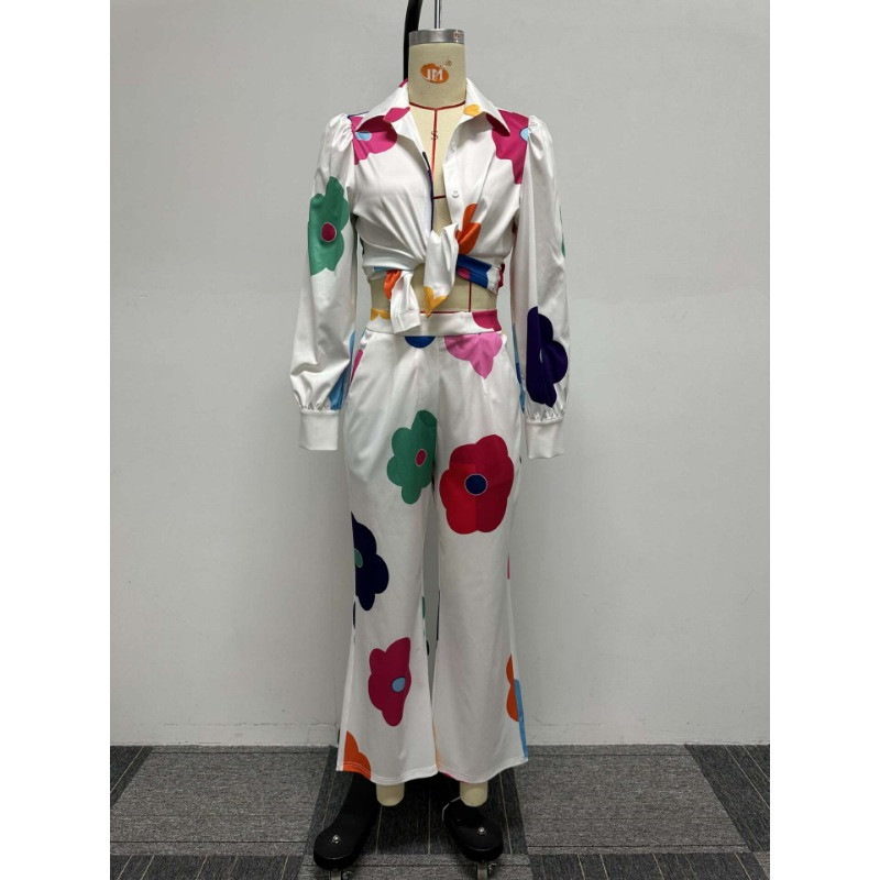 Set 2 piese pentru femei cu imprimeu Flora, bluză și cămăși cu nasturi, pantaloni largi Set asortat 2023, toamnă, birou, trening pentru damă