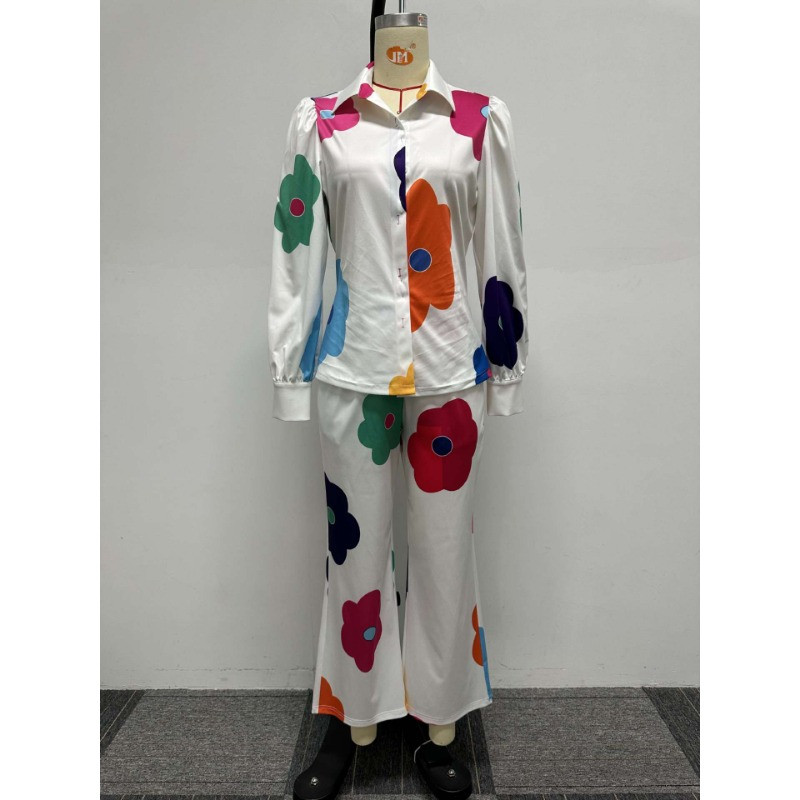 Set 2 piese pentru femei cu imprimeu Flora, bluză și cămăși cu nasturi, pantaloni largi Set asortat 2023, toamnă, birou, trening pentru damă