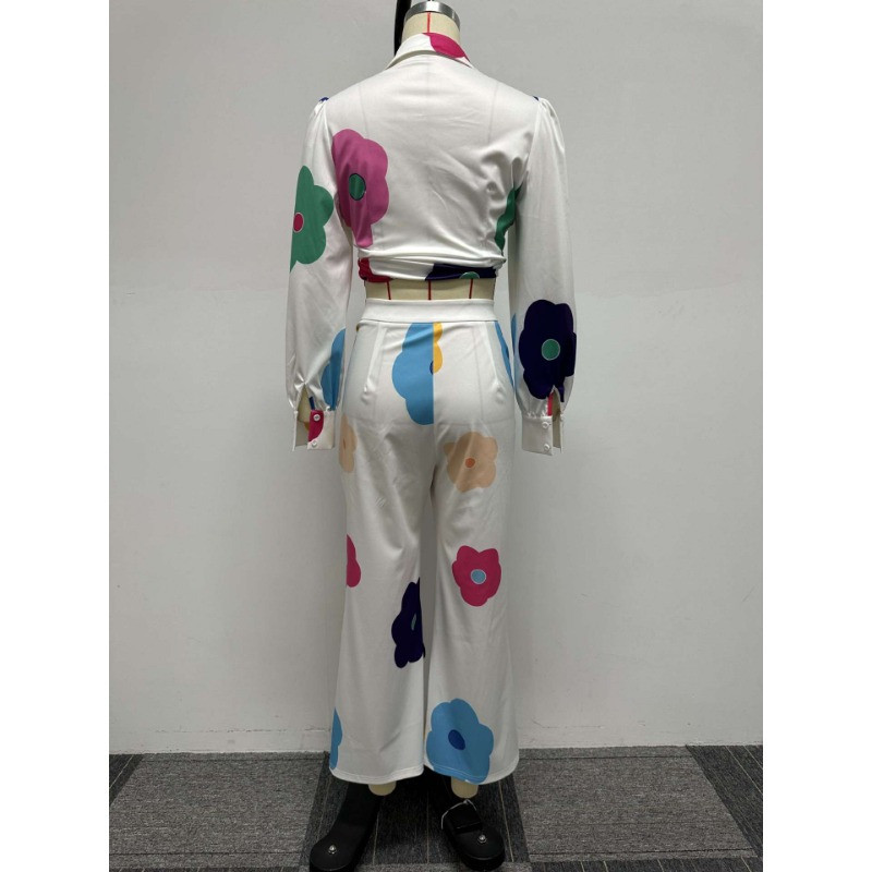 Set 2 piese pentru femei cu imprimeu Flora, bluză și cămăși cu nasturi, pantaloni largi Set asortat 2023, toamnă, birou, trening pentru damă