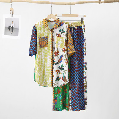 Cămașă casual cu imprimeu, pantaloni, costum pentru femei, felinar, cu mânecă lungă, cu guler răsturnat, pantaloni cu dantelă cu picioare largi, set pentru femei 2023