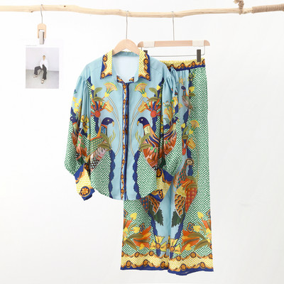 Cămașă casual cu imprimeu, pantaloni, costum pentru femei, felinar, cu mânecă lungă, cu guler răsturnat, pantaloni cu dantelă cu picioare largi, set pentru femei 2023