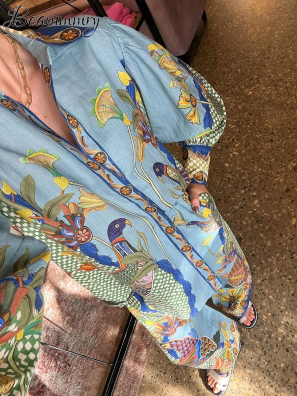 Cămașă casual cu imprimeu, pantaloni, costum pentru femei, felinar, cu mânecă lungă, cu guler răsturnat, pantaloni cu dantelă cu picioare largi, set pentru femei 2023