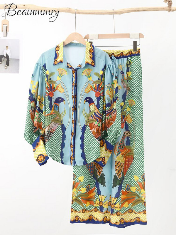 Cămașă casual cu imprimeu, pantaloni, costum pentru femei, felinar, cu mânecă lungă, cu guler răsturnat, pantaloni cu dantelă cu picioare largi, set pentru femei 2023