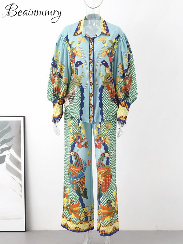 Cămașă casual cu imprimeu, pantaloni, costum pentru femei, felinar, cu mânecă lungă, cu guler răsturnat, pantaloni cu dantelă cu picioare largi, set pentru femei 2023