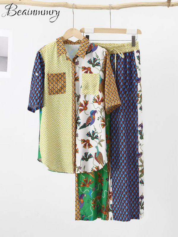 Cămașă casual cu imprimeu, pantaloni, costum pentru femei, felinar, cu mânecă lungă, cu guler răsturnat, pantaloni cu dantelă cu picioare largi, set pentru femei 2023