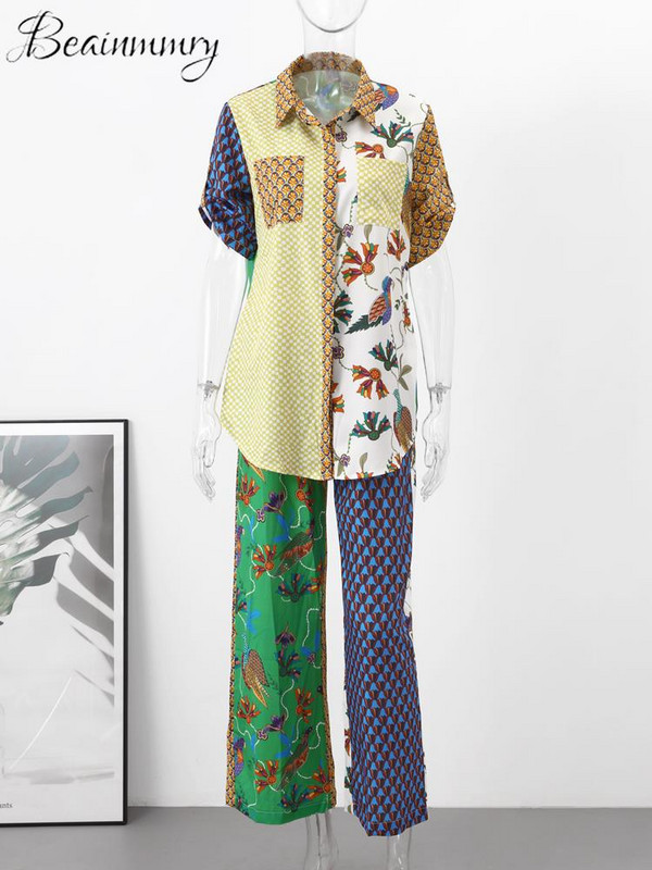 Cămașă casual cu imprimeu, pantaloni, costum pentru femei, felinar, cu mânecă lungă, cu guler răsturnat, pantaloni cu dantelă cu picioare largi, set pentru femei 2023