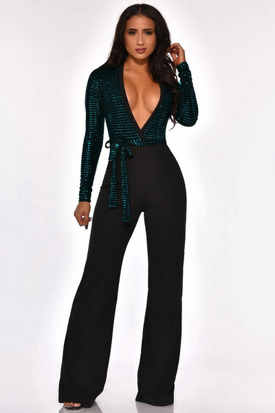 OKAYOASIS Salopetă de petrecere elegantă cu paiete pentru femei, cu decolteu adânc în V cu mânecă lungă, o singură bucată, salopetă ocazională.