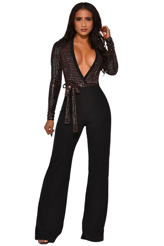 OKAYOASIS Salopetă de petrecere elegantă cu paiete pentru femei, cu decolteu adânc în V cu mânecă lungă, o singură bucată, salopetă ocazională.