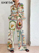 Set de pantaloni cu imprimeu ocazional pentru femei, cu talie înaltă, cămăși cu mâneci lungi largi, costume 2 piese, la modă, cu guler în jos, pantaloni, ținute