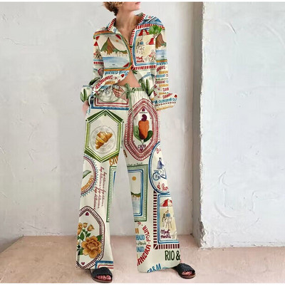 Set de pantaloni cu imprimeu ocazional pentru femei, cu talie înaltă, cămăși cu mâneci lungi largi, costume 2 piese, la modă, cu guler în jos, pantaloni, ținute