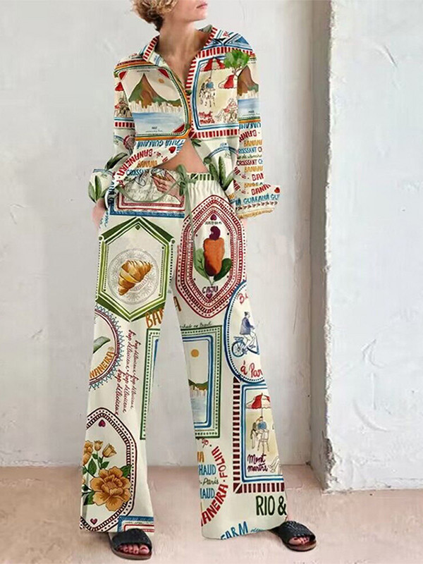 Set de pantaloni cu imprimeu ocazional pentru femei, cu talie înaltă, cămăși cu mâneci lungi largi, costume 2 piese, la modă, cu guler în jos, pantaloni, ținute