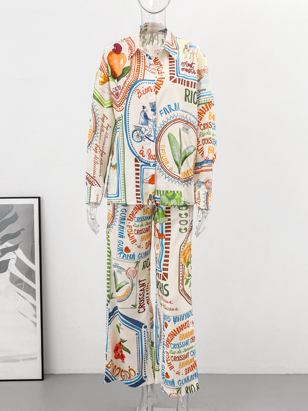 Set de pantaloni cu imprimeu ocazional pentru femei, cu talie înaltă, cămăși cu mâneci lungi largi, costume 2 piese, la modă, cu guler în jos, pantaloni, ținute