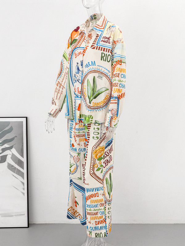 Set de pantaloni cu imprimeu ocazional pentru femei, cu talie înaltă, cămăși cu mâneci lungi largi, costume 2 piese, la modă, cu guler în jos, pantaloni, ținute