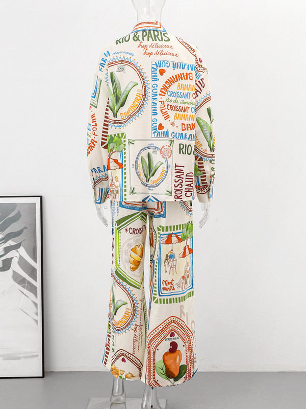 Set de pantaloni cu imprimeu ocazional pentru femei, cu talie înaltă, cămăși cu mâneci lungi largi, costume 2 piese, la modă, cu guler în jos, pantaloni, ținute