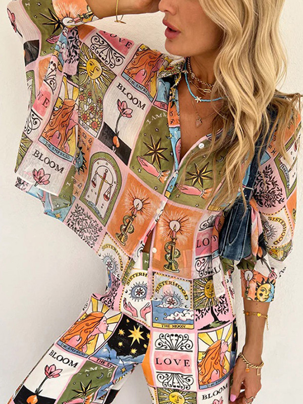 Cămașă de vacanță imprimată Costum pantalon femei cu mâneci lungi liliac cu guler răsturnat Cămăși largi Top și pantaloni drepți Set femeie