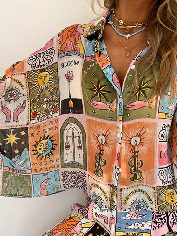 Cămașă de vacanță imprimată Costum pantalon femei cu mâneci lungi liliac cu guler răsturnat Cămăși largi Top și pantaloni drepți Set femeie