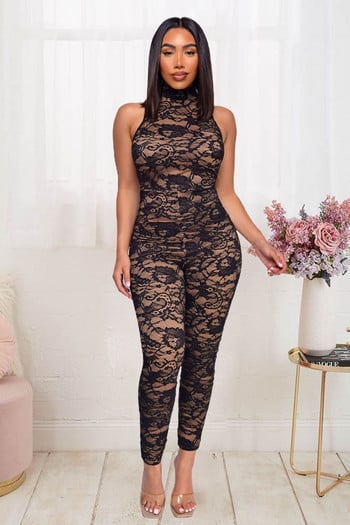 Σέξι γυναίκες με λαιμόκοψη αμάνικο Skinny Lace Club Jumpsuit Bodycon Μαύρες φόρμες για πάρτι