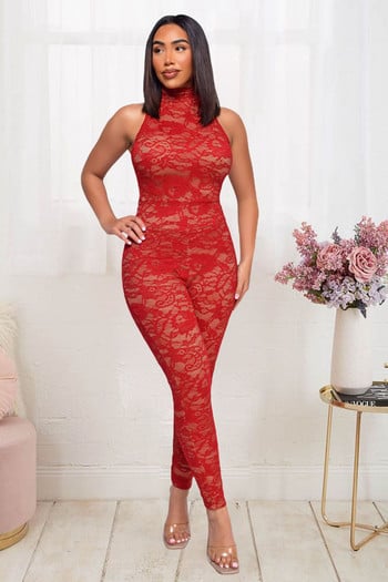 Σέξι γυναίκες με λαιμόκοψη αμάνικο Skinny Lace Club Jumpsuit Bodycon Μαύρες φόρμες για πάρτι